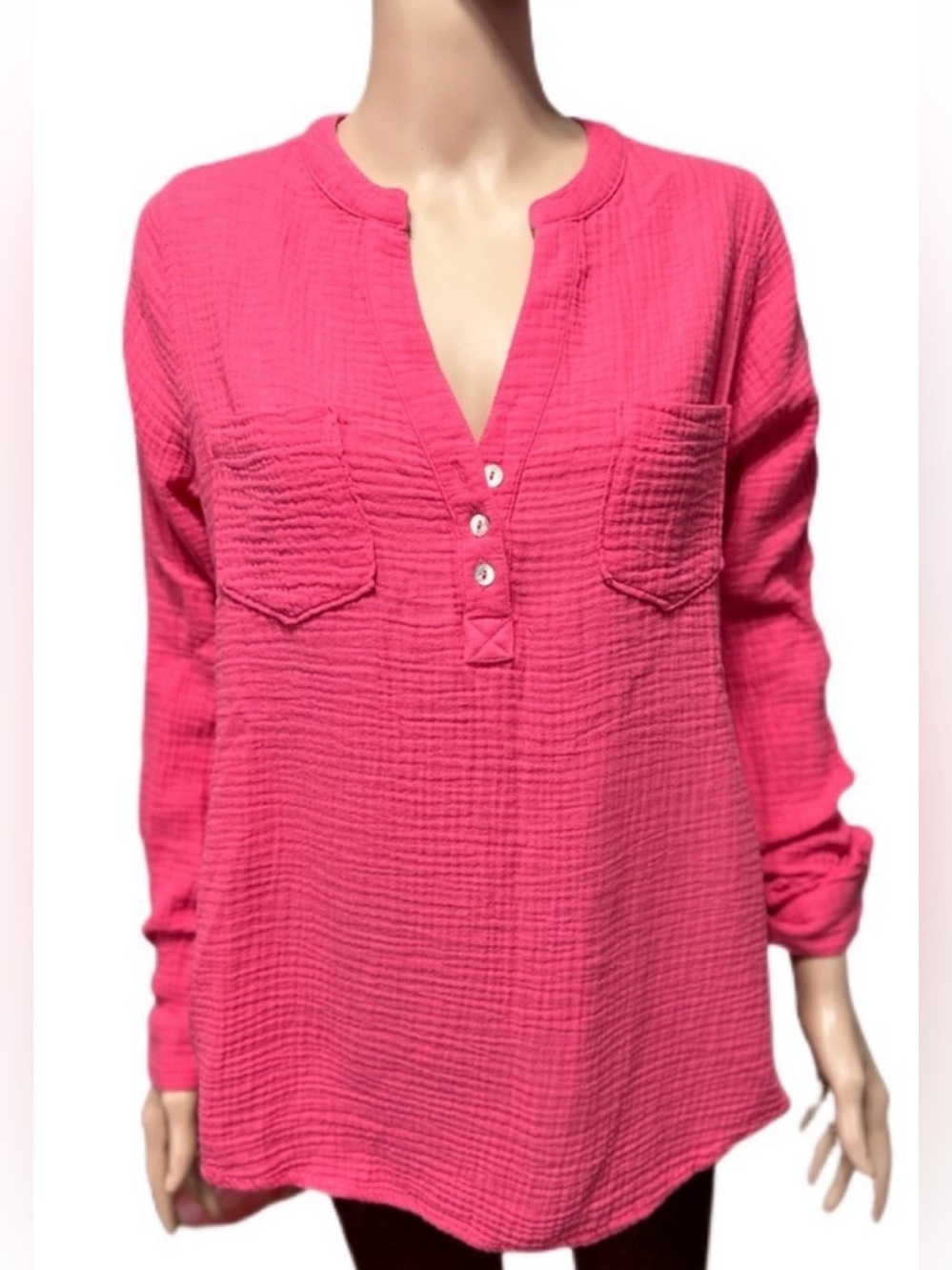 MOTE Textured Cotton Gauze Blouse XXL Watermelon V-Neck Beachy Boho Cruise
